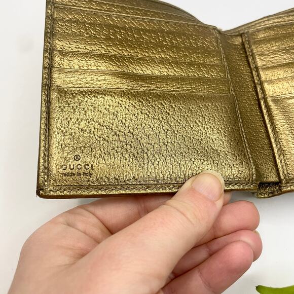 Gucci Gold Bow Beige Brown GG Canvas Leather Compact Square Wallet - Picture 7 of 10